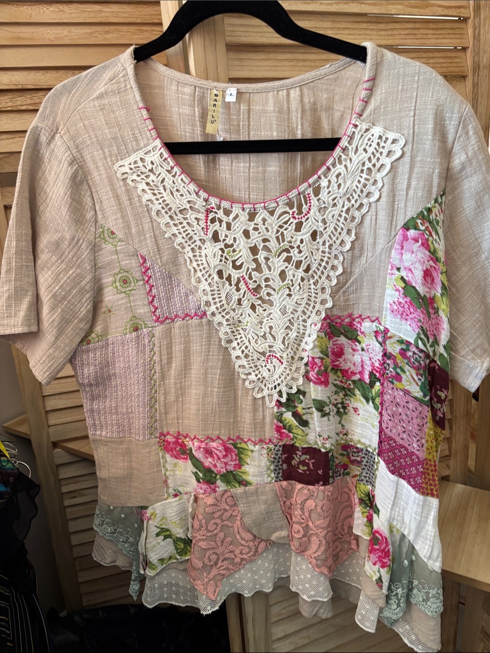 Marilu Boho Patchwork Crochet-Trim Women's Top - Beige with Pink Floral Large